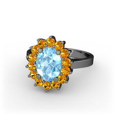 Eda Yüzük - Akuamarin ve sitrin 925 ayar siyah rodyum kaplama gümüş yüzük #7egd3j