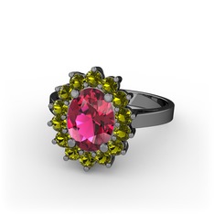 Eda Yüzük - Rodolit garnet ve peridot 925 ayar siyah rodyum kaplama gümüş yüzük #806d56