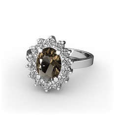 Dumanlı kuvars ve swarovski 8 ayar beyaz altın yüzük