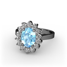 Akuamarin ve beyaz zirkon 925 ayar siyah rodyum kaplama gümüş yüzük