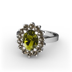 Peridot ve dumanlı kuvars 8 ayar beyaz altın yüzük