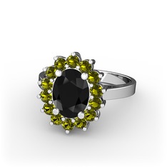 Siyah zirkon ve peridot 14 ayar beyaz altın yüzük