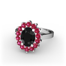 Eda Yüzük - Siyah zirkon ve rodolit garnet 14 ayar beyaz altın yüzük #s9qa25
