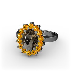 Eda Yüzük - Dumanlı kuvars ve sitrin 925 ayar siyah rodyum kaplama gümüş yüzük #sz92a1