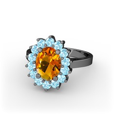 Eda Yüzük - Sitrin ve akuamarin 925 ayar siyah rodyum kaplama gümüş yüzük #tjeede