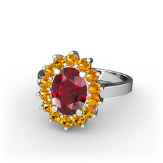 Garnet ve sitrin 14 ayar beyaz altın yüzük