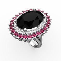 Neşe Yüzük - Siyah zirkon, swarovski ve rodolit garnet 14 ayar beyaz altın yüzük #1049ml3