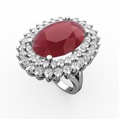 Neşe Yüzük - Kök yakut, beyaz zirkon ve swarovski 14 ayar beyaz altın yüzük #1099nnt