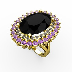 Siyah zirkon, dumanlı kuvars ve ametist 14 ayar altın yüzük