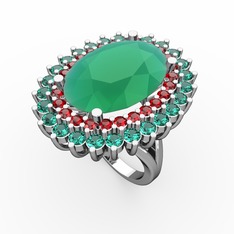 Neşe Yüzük - Kök zümrüt, garnet ve yeşil kuvars 8 ayar beyaz altın yüzük #10flwaz