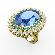 Akuamarin, yeşil kuvars ve swarovski 925 ayar altın kaplama gümüş yüzük