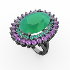 Neşe Yüzük - Kök zümrüt, yeşil kuvars ve ametist 925 ayar siyah rodyum kaplama gümüş yüzük #11aezm4