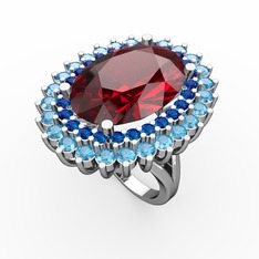 Garnet, lab safir ve akuamarin 8 ayar beyaz altın yüzük