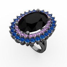 Neşe Yüzük - Siyah zirkon, ametist ve lab safir 925 ayar siyah rodyum kaplama gümüş yüzük #14y87fc