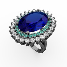 Neşe Yüzük - Lab safir, yeşil kuvars ve swarovski 925 ayar siyah rodyum kaplama gümüş yüzük #150hq7u