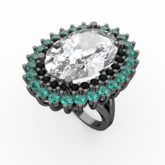 Neşe Yüzük - Swarovski, siyah zirkon ve yeşil kuvars 925 ayar siyah rodyum kaplama gümüş yüzük #152nexz