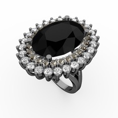 Siyah zirkon, dumanlı kuvars ve pırlanta 925 ayar siyah rodyum kaplama gümüş yüzük (1.56 karat)