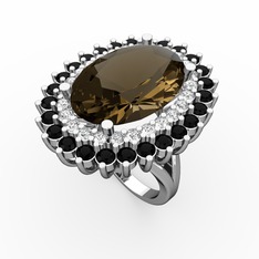 Dumanlı kuvars, swarovski ve siyah zirkon 18 ayar beyaz altın yüzük