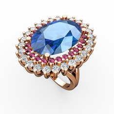 Akuamarin, rodolit garnet ve swarovski 8 ayar rose altın yüzük