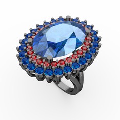 Neşe Yüzük - Akuamarin, garnet ve lab safir 925 ayar siyah rodyum kaplama gümüş yüzük #16gaqpv