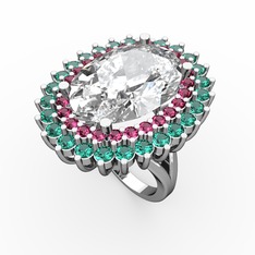Neşe Yüzük - Swarovski, rodolit garnet ve yeşil kuvars 8 ayar beyaz altın yüzük #16yz6jb