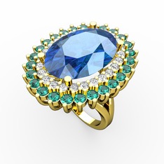 Akuamarin, swarovski ve yeşil kuvars 14 ayar altın yüzük