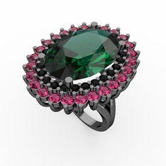 Yeşil kuvars, siyah zirkon ve rodolit garnet 925 ayar siyah rodyum kaplama gümüş yüzük