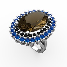 Dumanlı kuvars, siyah zirkon ve lab safir 18 ayar beyaz altın yüzük