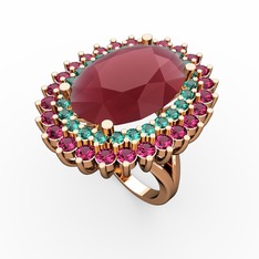 Kök yakut, yeşil kuvars ve rodolit garnet 18 ayar rose altın yüzük