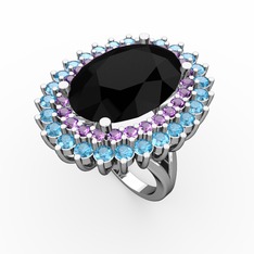 Neşe Yüzük - Siyah zirkon, ametist ve akuamarin 8 ayar beyaz altın yüzük #18ju5jw