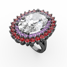 Beyaz zirkon, ametist ve garnet 925 ayar siyah rodyum kaplama gümüş yüzük