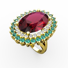 Neşe Yüzük - Rodolit garnet, beyaz zirkon ve yeşil kuvars 14 ayar altın yüzük #1900l24