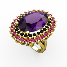 Ametist, siyah zirkon ve rodolit garnet 8 ayar altın yüzük