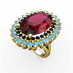 Rodolit garnet, siyah zirkon ve akuamarin 925 ayar altın kaplama gümüş yüzük