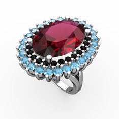 Neşe Yüzük - Rodolit garnet, siyah zirkon ve akuamarin 8 ayar beyaz altın yüzük #19mcn59