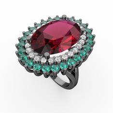 Rodolit garnet, beyaz zirkon ve yeşil kuvars 925 ayar siyah rodyum kaplama gümüş yüzük