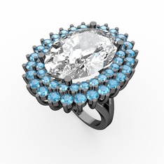 Neşe Yüzük - Beyaz zirkon ve akuamarin 925 ayar siyah rodyum kaplama gümüş yüzük #1b37p1i