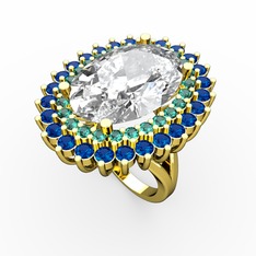 Swarovski, yeşil kuvars ve lab safir 925 ayar altın kaplama gümüş yüzük