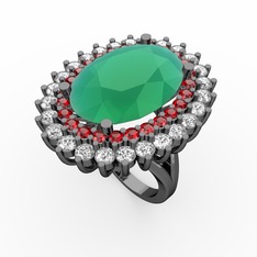 Neşe Yüzük - Kök zümrüt, garnet ve pırlanta 925 ayar siyah rodyum kaplama gümüş yüzük (1.56 karat) #1bm523j