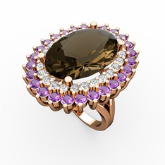 Dumanlı kuvars, swarovski ve ametist 8 ayar rose altın yüzük