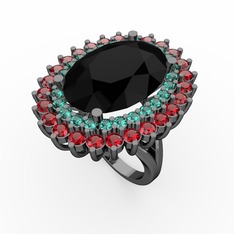 Siyah zirkon, yeşil kuvars ve garnet 925 ayar siyah rodyum kaplama gümüş yüzük