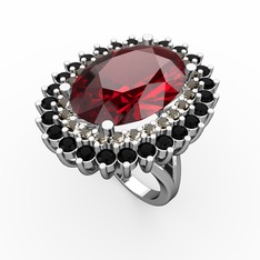 Garnet, dumanlı kuvars ve siyah zirkon 14 ayar beyaz altın yüzük