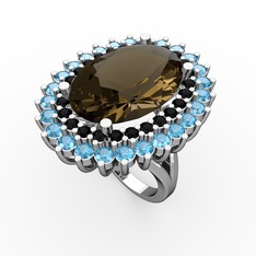 Neşe Yüzük - Dumanlı kuvars, siyah zirkon ve akuamarin 14 ayar beyaz altın yüzük #1cunxba