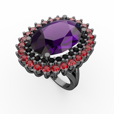 Neşe Yüzük - Ametist, siyah zirkon ve garnet 925 ayar siyah rodyum kaplama gümüş yüzük #1d1mk48