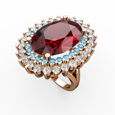 Garnet, akuamarin ve pırlanta 925 ayar rose altın kaplama gümüş yüzük (1.56 karat)