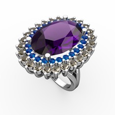 Ametist, lab safir ve dumanlı kuvars 14 ayar beyaz altın yüzük