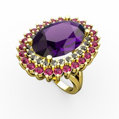 Neşe Yüzük - Ametist, dumanlı kuvars ve rodolit garnet 925 ayar altın kaplama gümüş yüzük #1d7h0s3