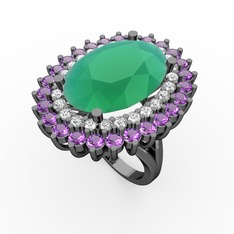 Neşe Yüzük - Kök zümrüt, swarovski ve ametist 925 ayar siyah rodyum kaplama gümüş yüzük #1dei33t