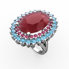 Neşe Yüzük - Kök yakut, rodolit garnet ve akuamarin 8 ayar beyaz altın yüzük #1den4sd