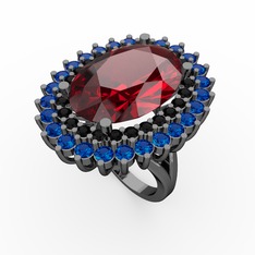 Garnet, siyah zirkon ve lab safir 925 ayar siyah rodyum kaplama gümüş yüzük